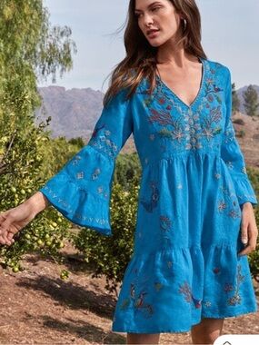 Johnny Was Turquoise Blue Embroidered Zoe Tiered Dress Linen Size Small